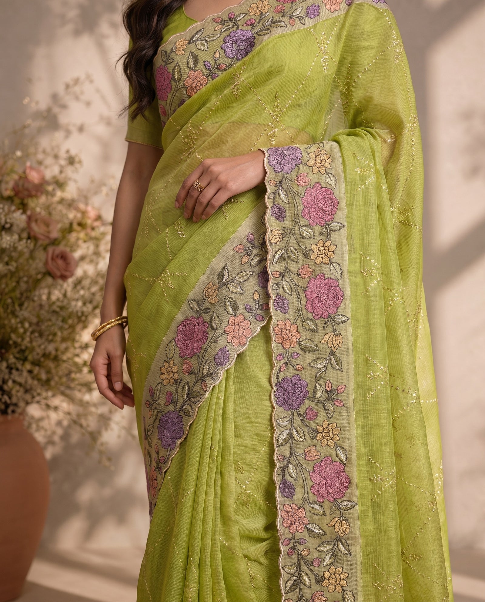 Mid-body crop showing delicate diamond lattice thread embroidery on green kota silk