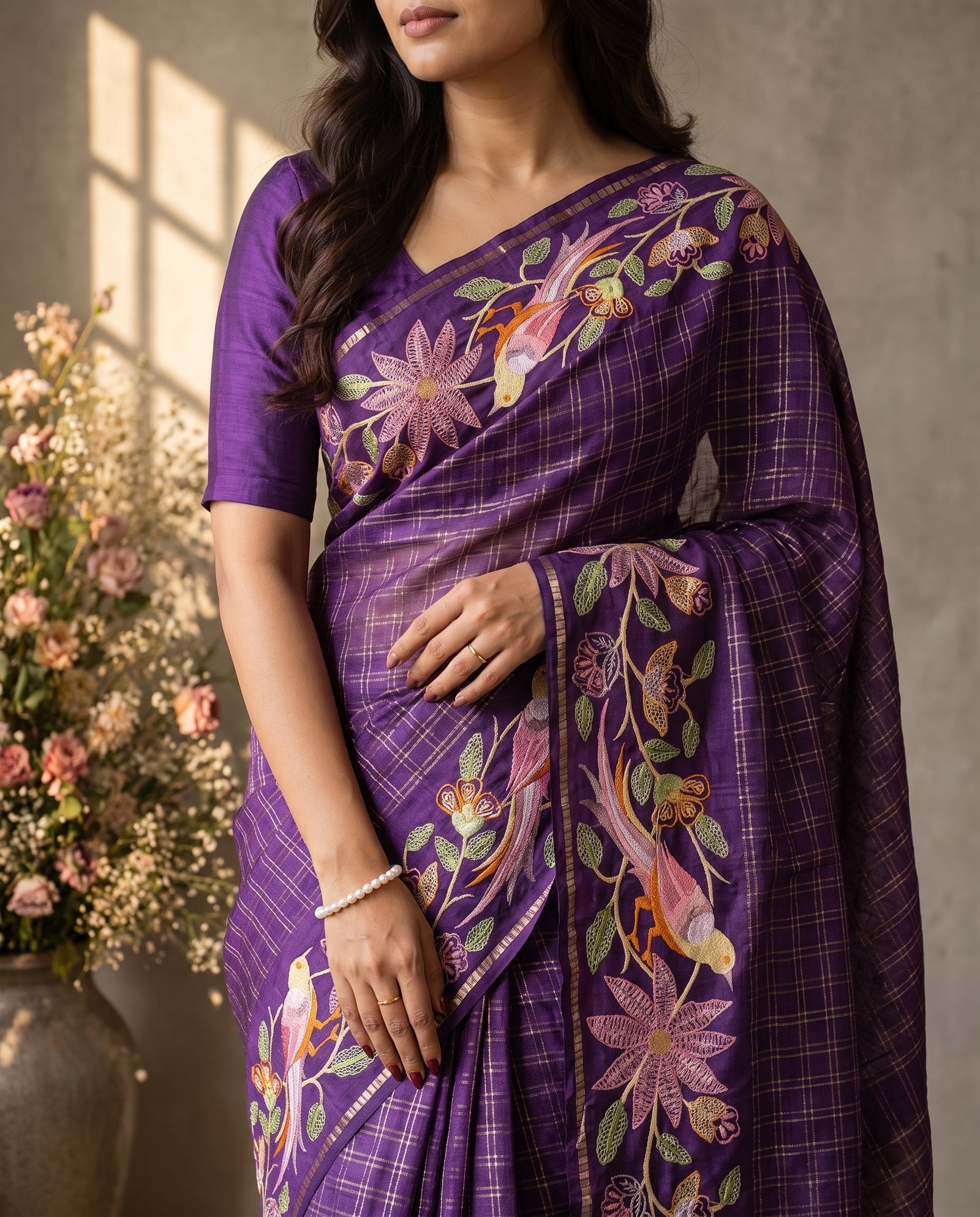 Mid-body crop showing checked texture of purple tussar saree