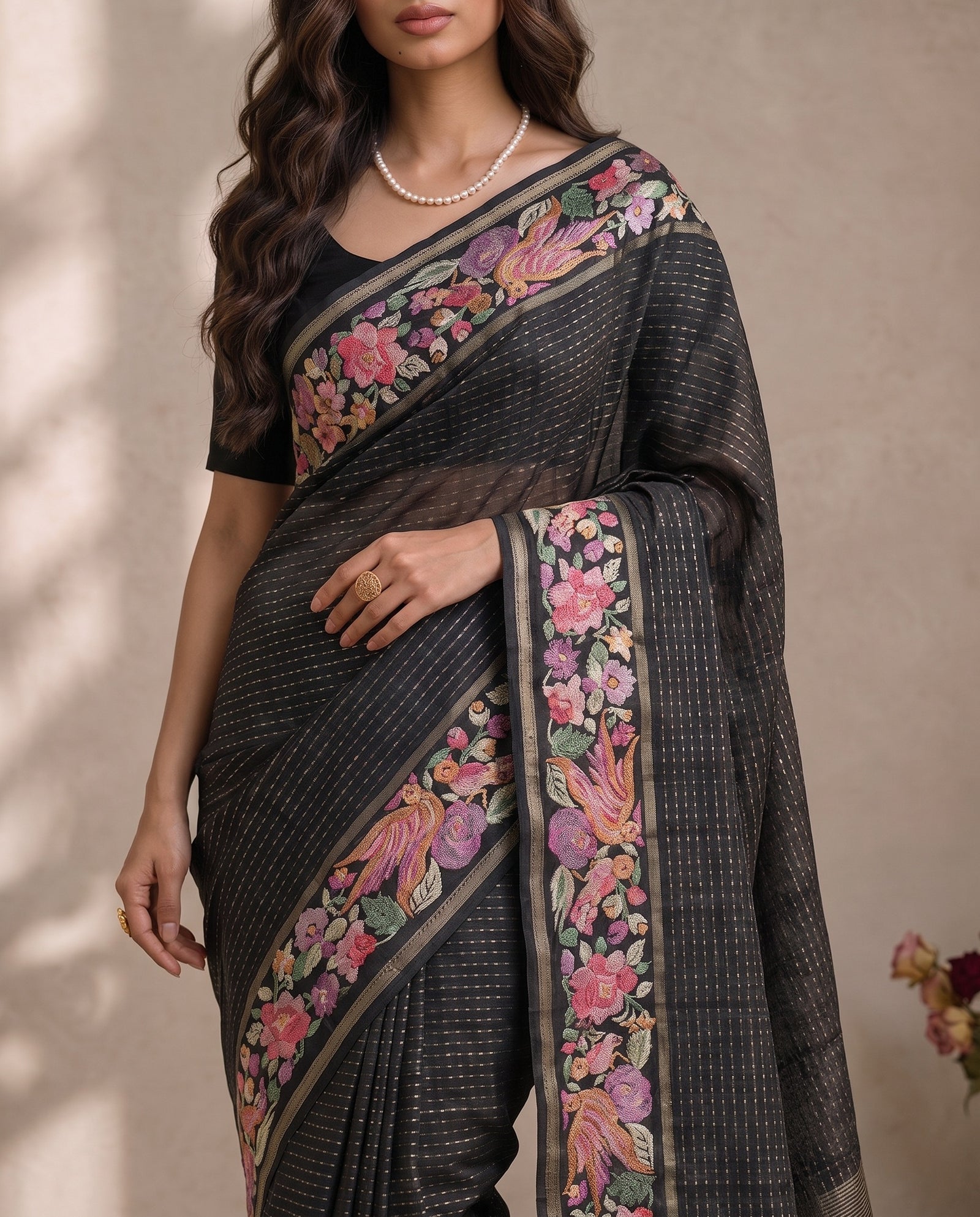 Mid-body crop showing the texture of black pure tussar with fine zari detailing