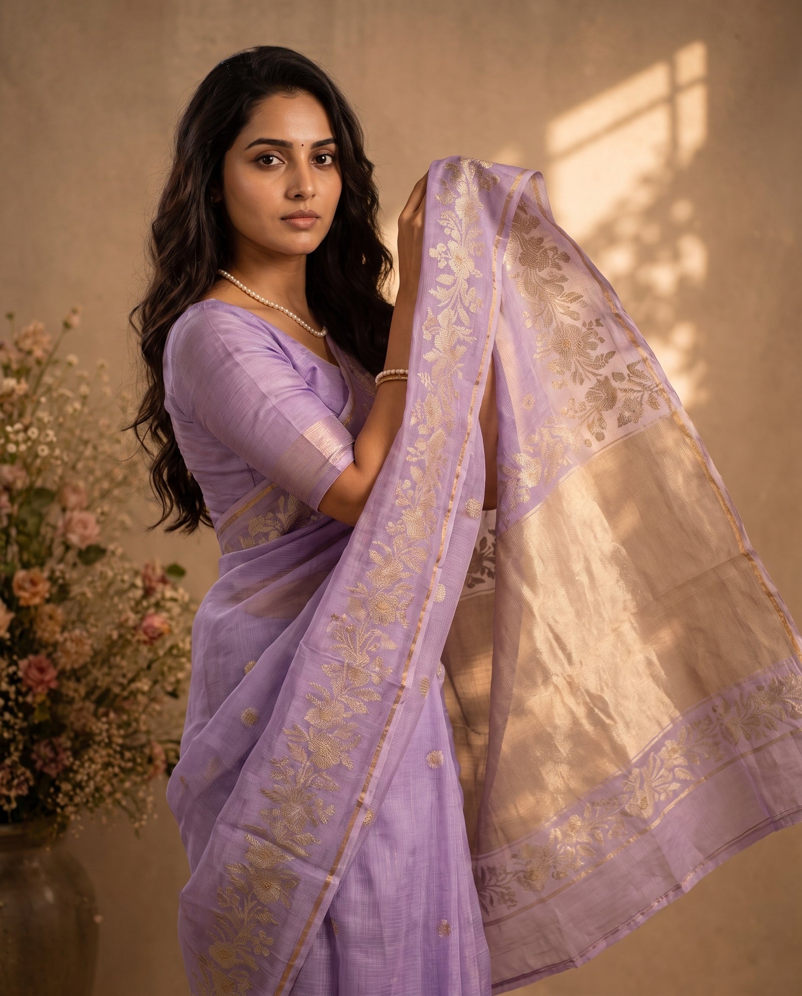 Mid-body crop showing woven motifs on lavender kota body