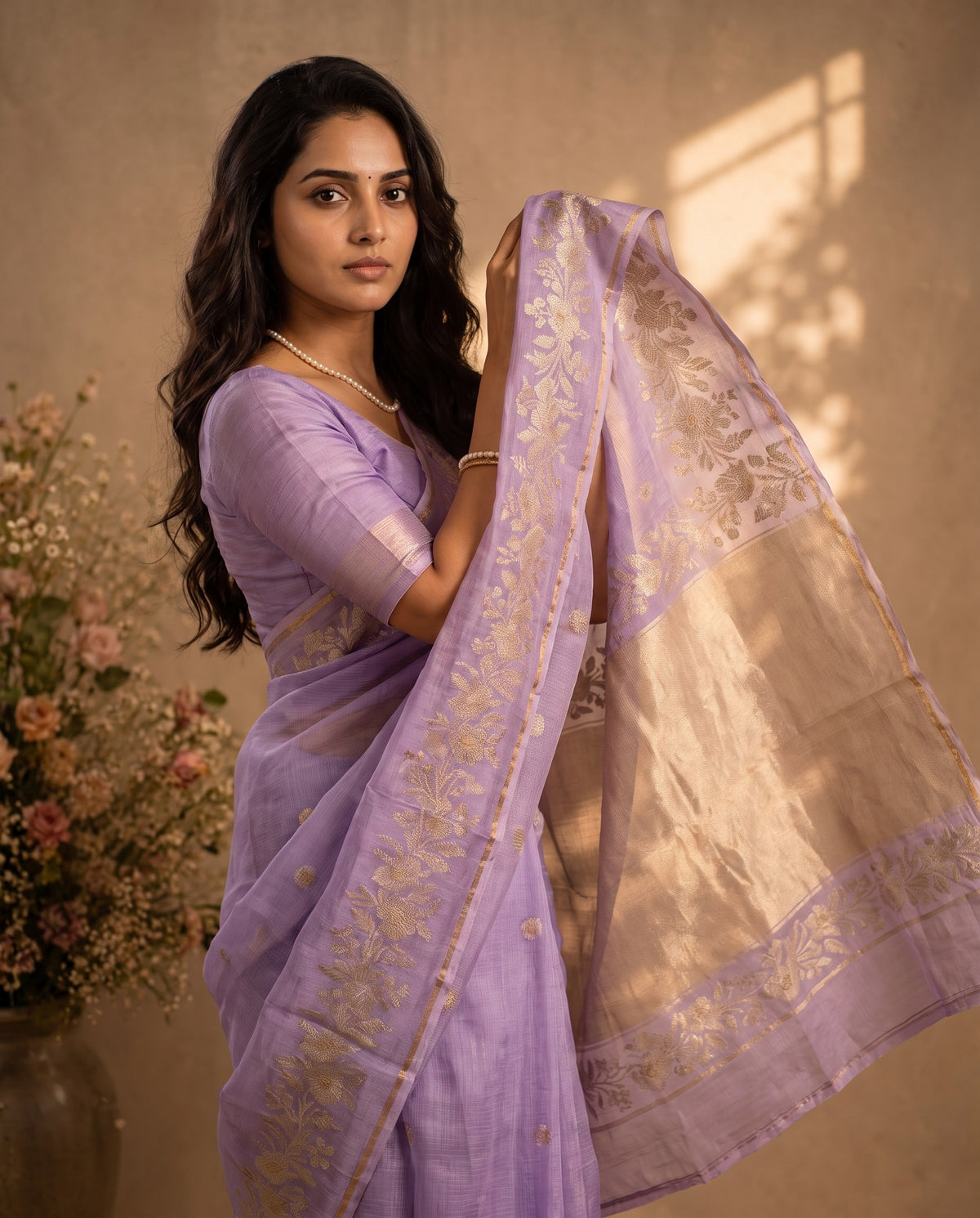 Mid-body crop showing woven motifs on lavender kota body