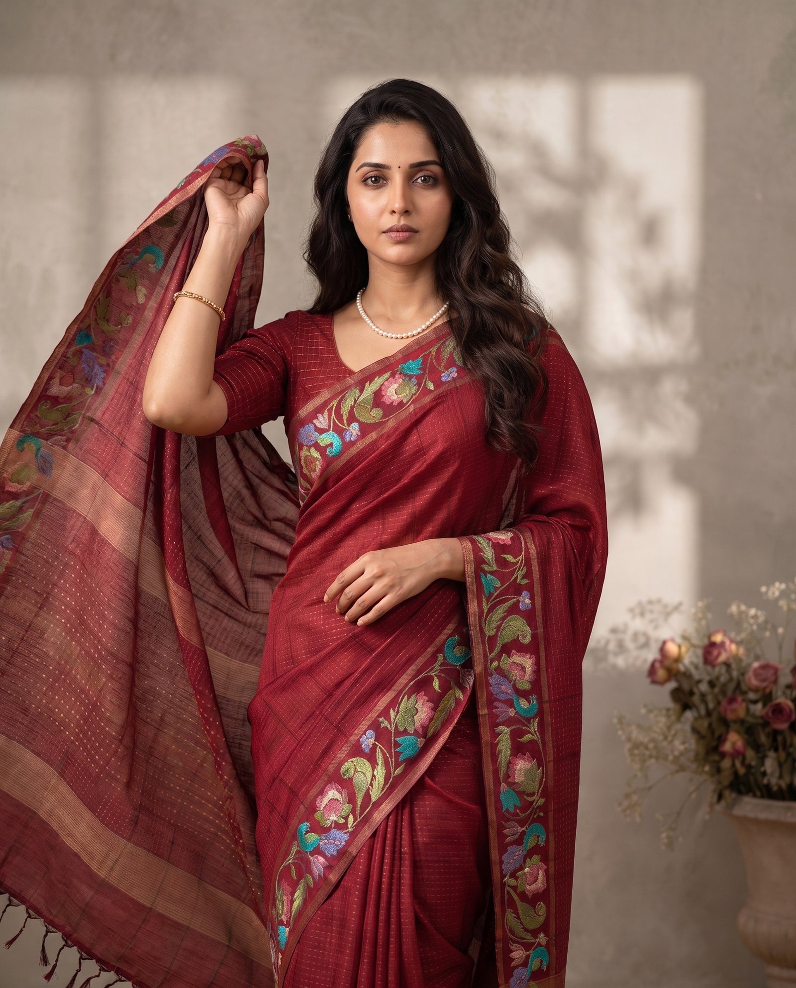 Mid-body crop showing texture of deep pink pure Kosa Tussar saree