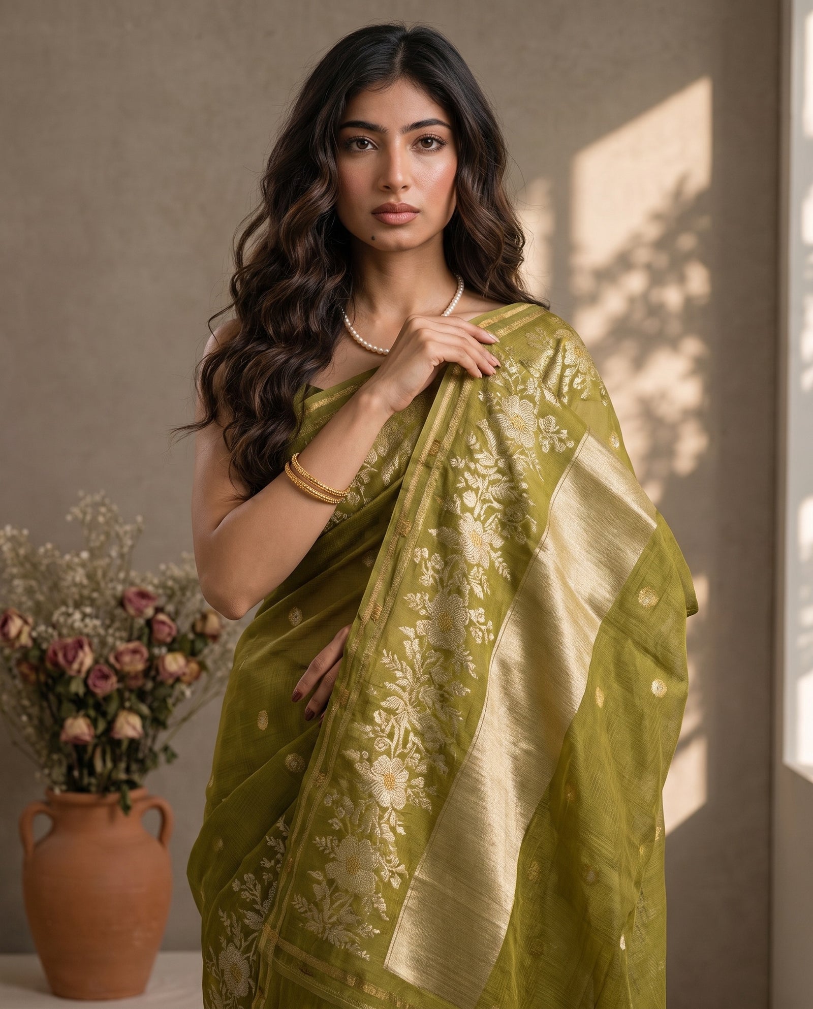 Mid-body crop showing zari buttas on olive green Manipuri Kota