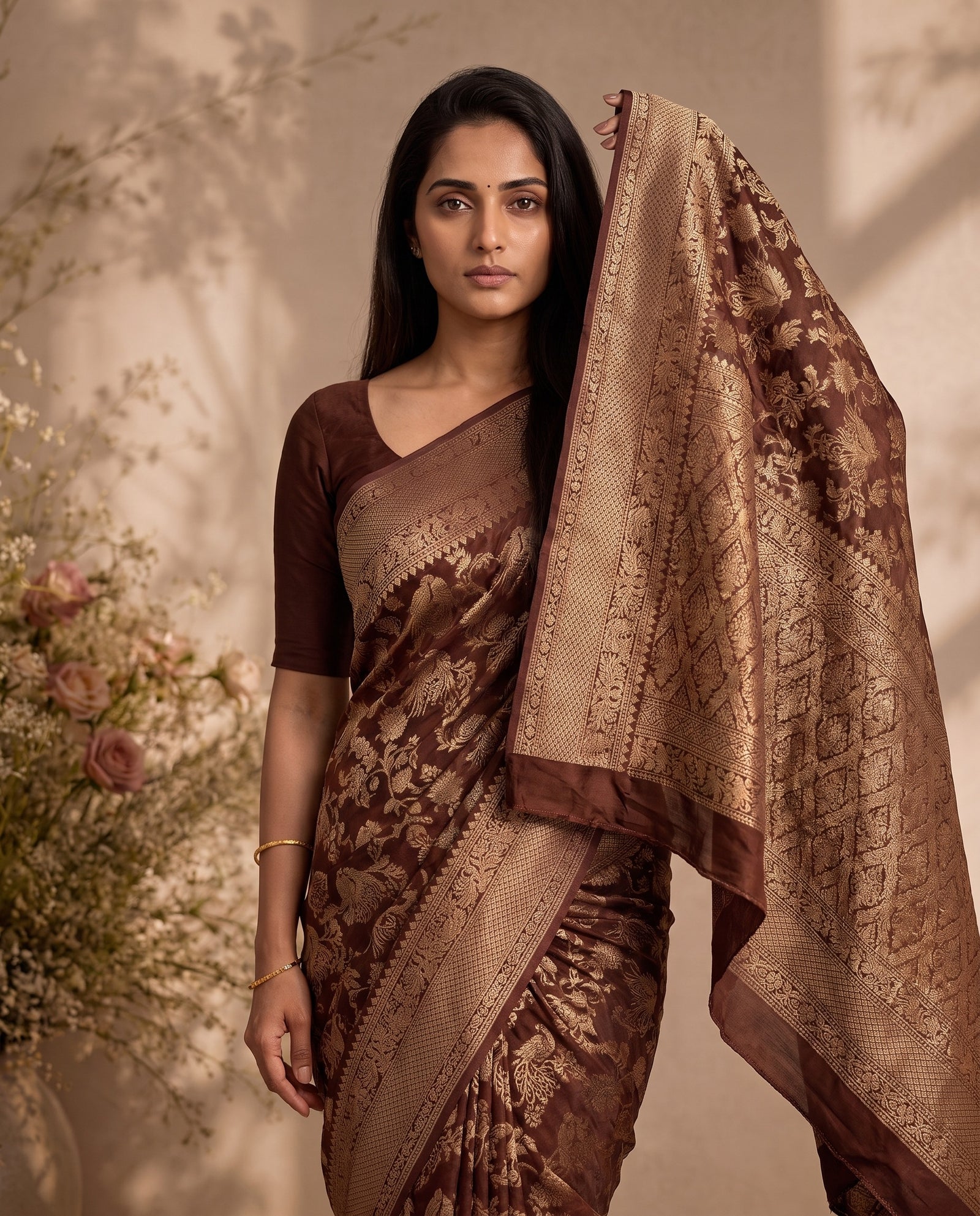 Mid-body crop showing woven bird and floral figure motifs on chocolate brown silk
