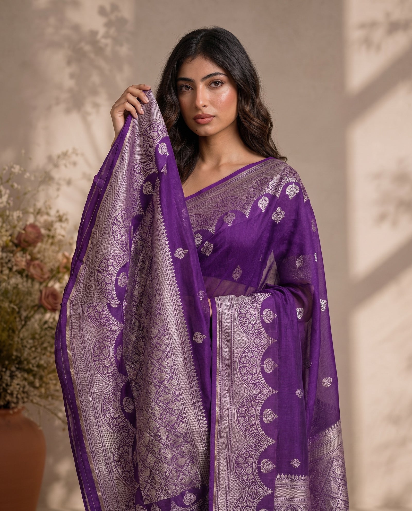 Pallu of purple Manipuri Kota saree draped over the shoulder