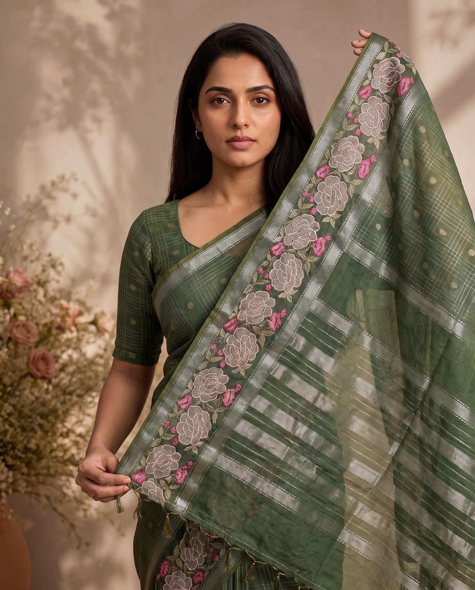 Pallu drape over shoulder showing green fabric and border