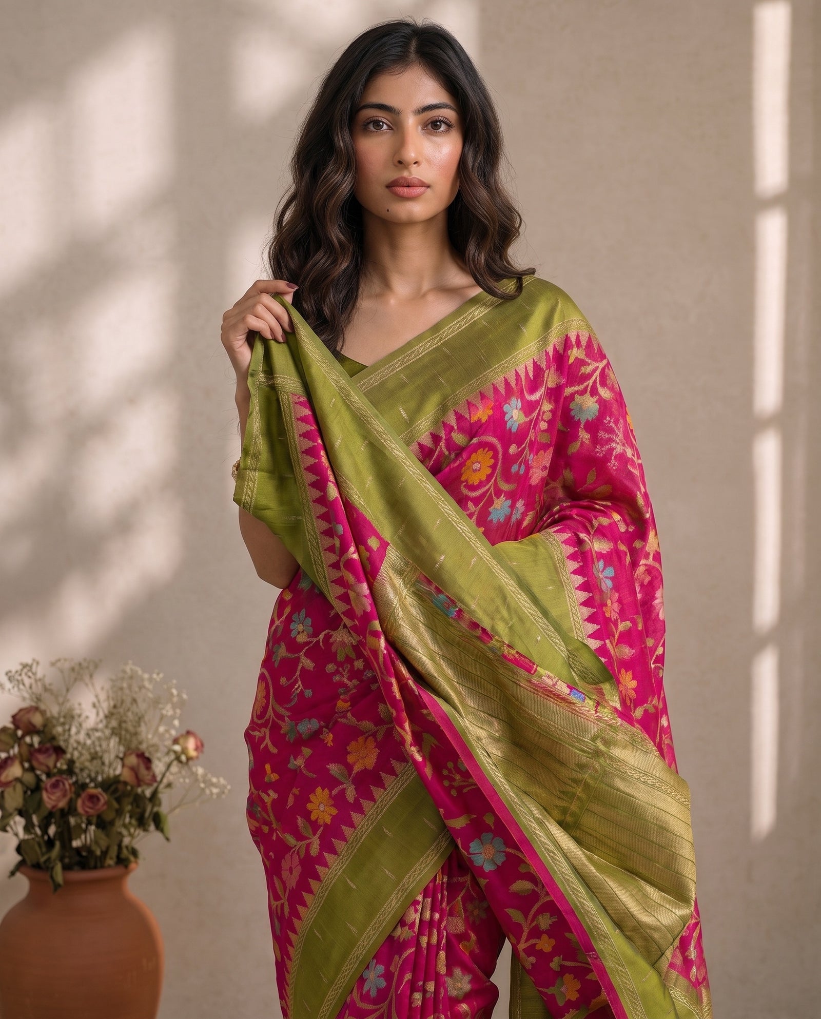 Pallu draped over the shoulder displaying the olive green woven patterns