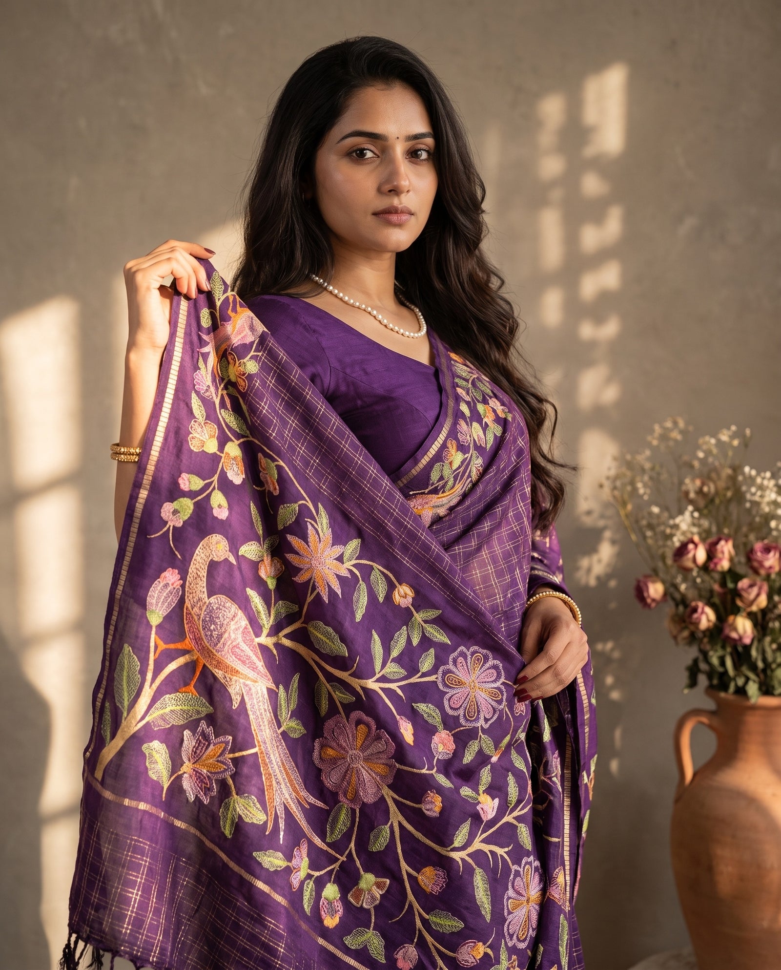 Pallu drape over shoulder showing floral and bird thread embroidery