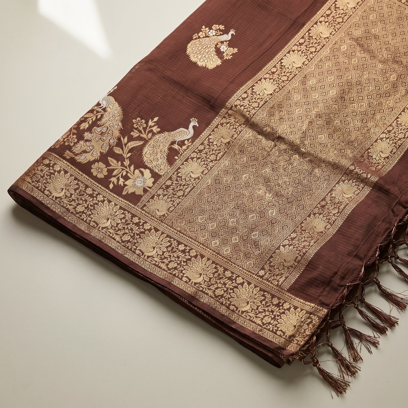 Pallu draped over shoulder showing intricate zari border and motifs