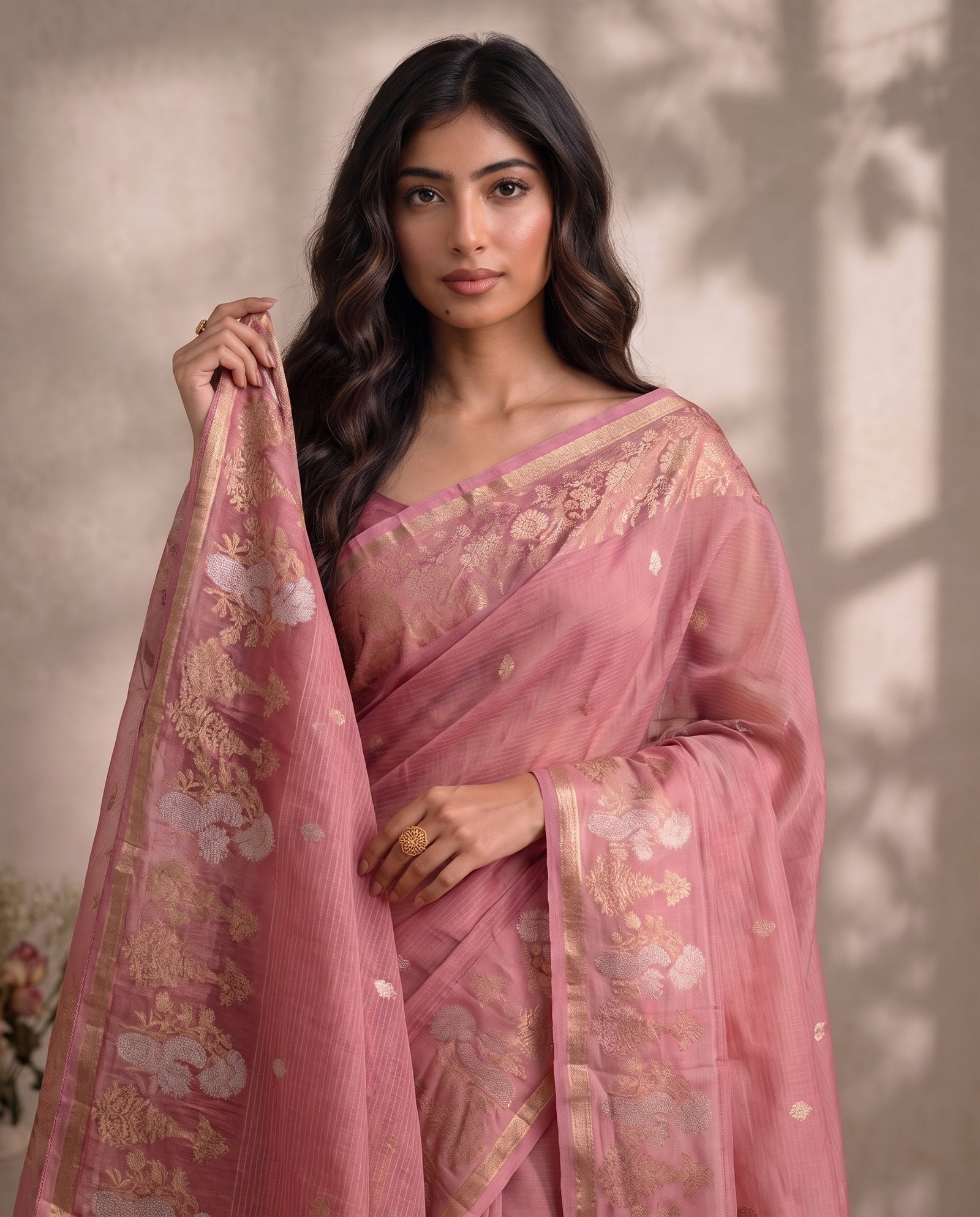 Folded view of pink Manipuri Kota saree highlighting border and body