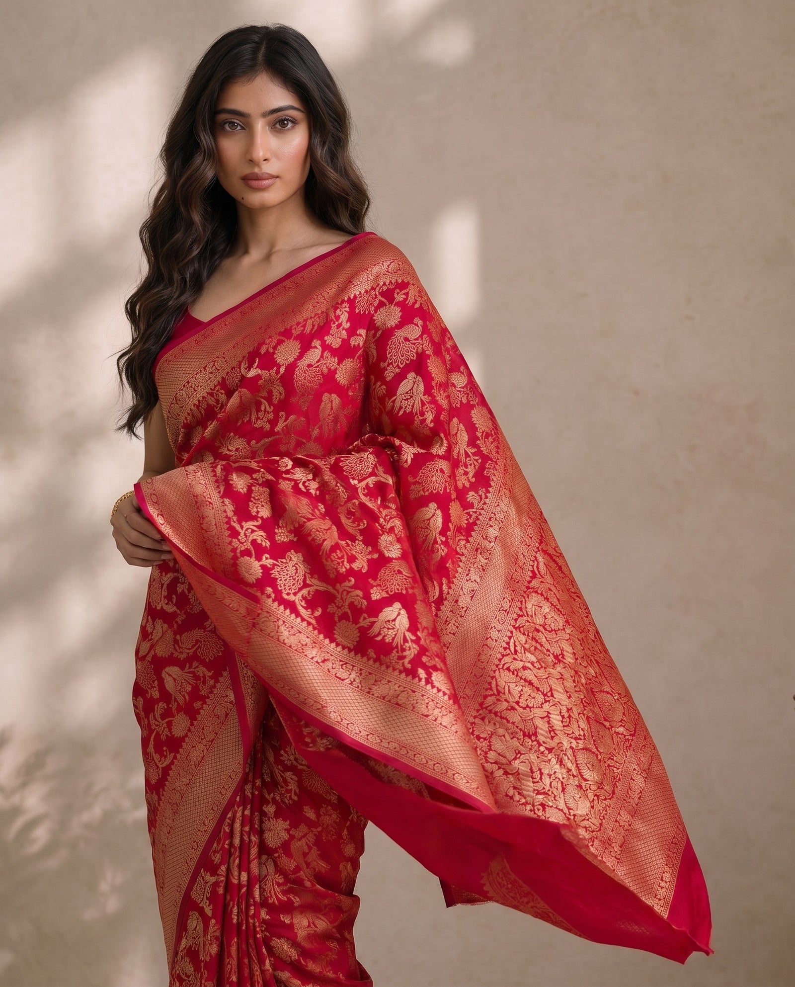 Folded hero view of Mirchi Red Pure HO Silk saree