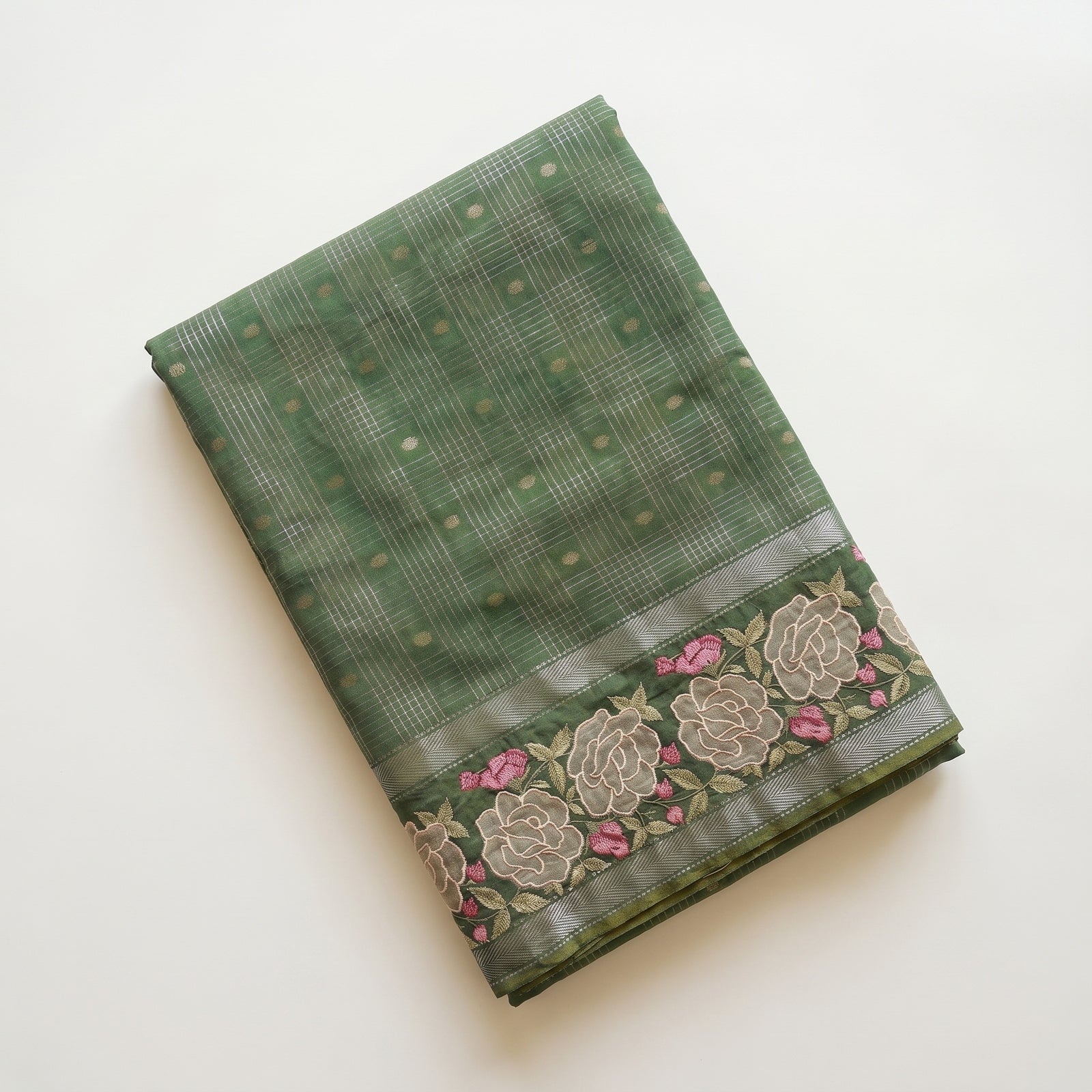 Folded green pure Mangalgiri cotton saree with floral embroidered border