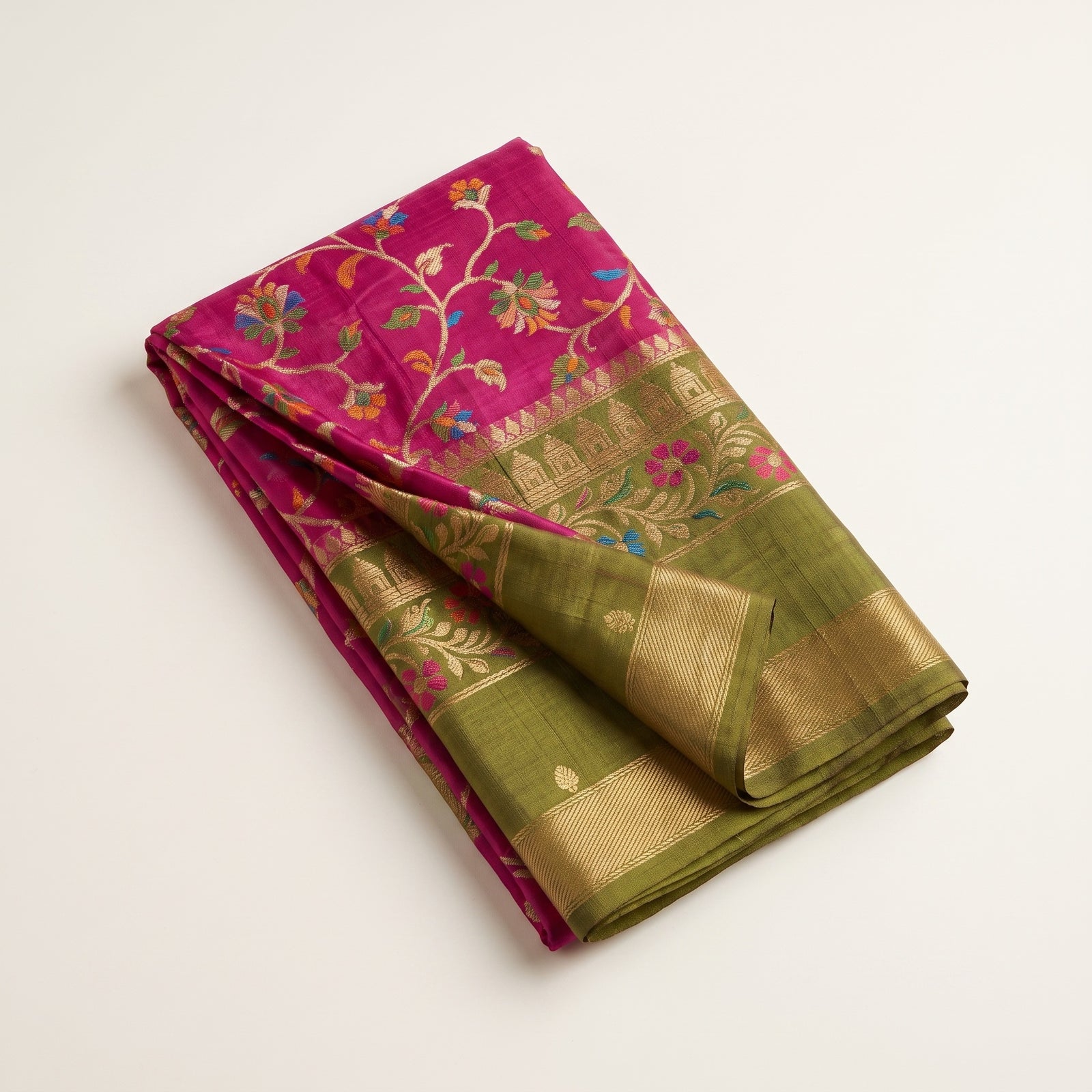 Folded hero view of the pink pure kosa tussar saree with contrasting border