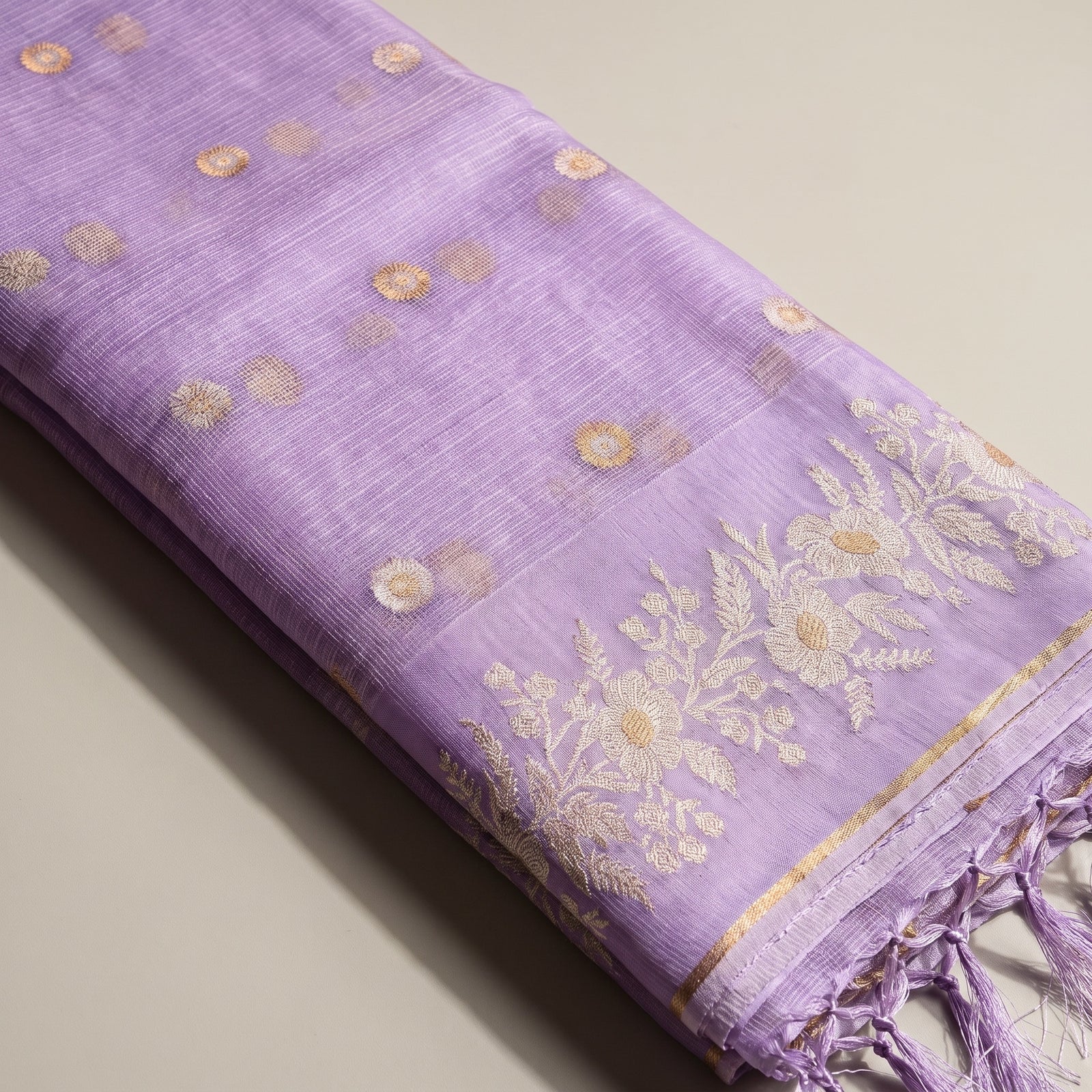 Folded view of lavender pure Manipuri kota saree