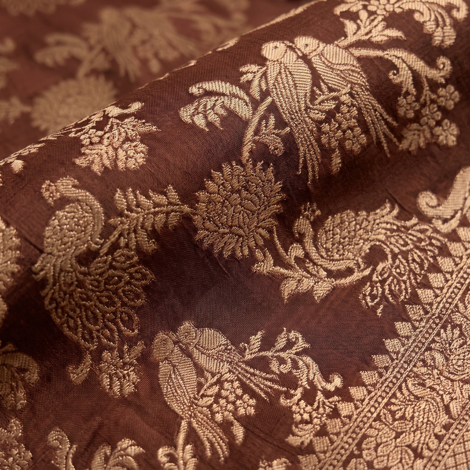 Folded chocolate brown pure HO silk saree showing body weave and border