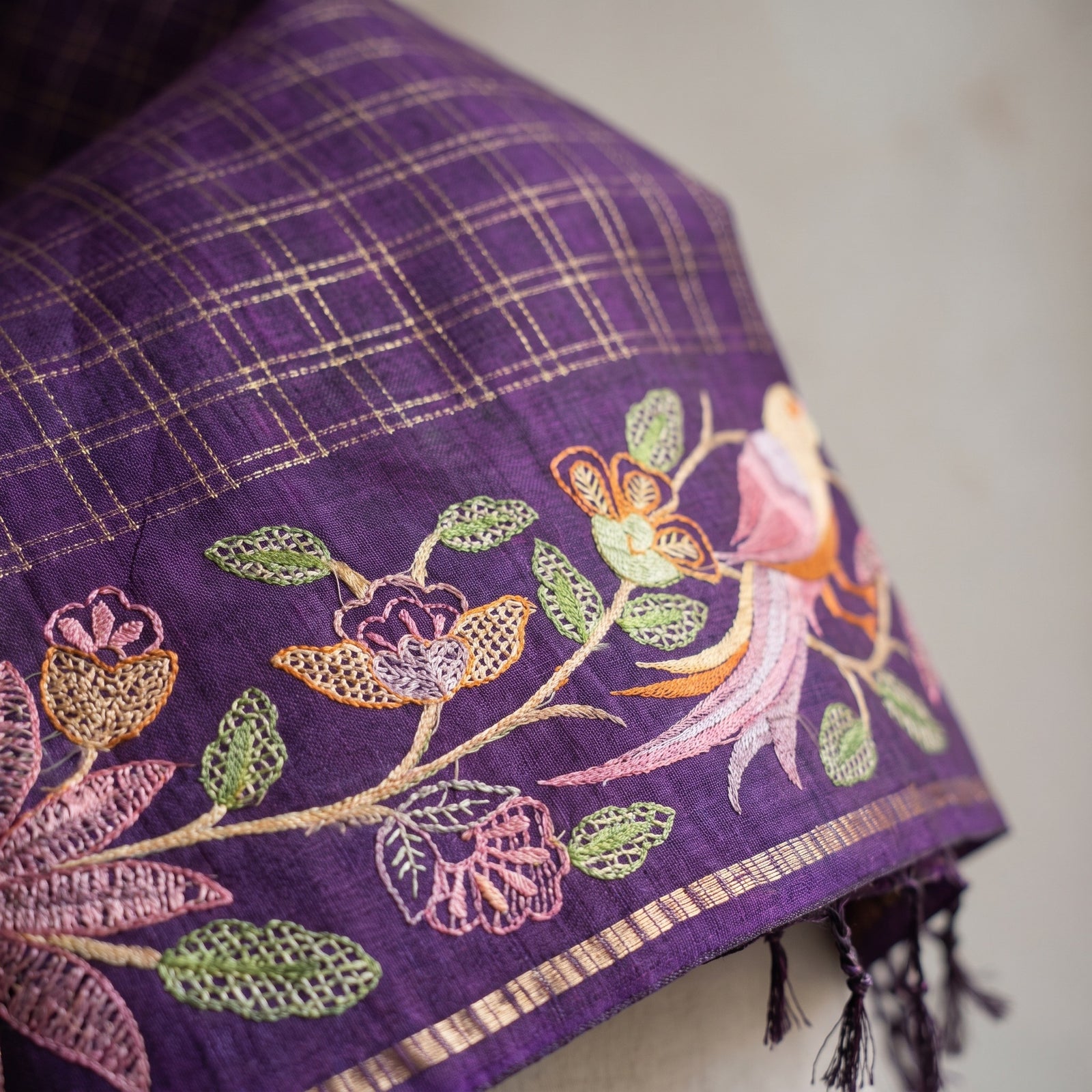 Flat spread view of purple Pure Tussar saree