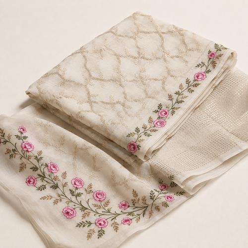 House of Diya Chanderi embroidery white saree hero view