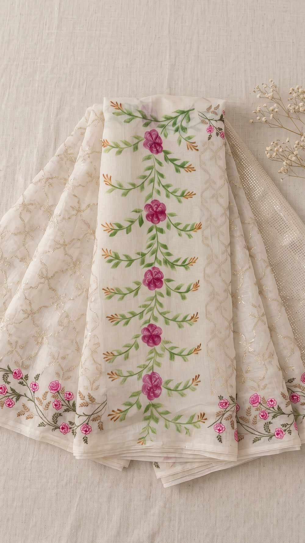 Chanderi Embroidery White Saree