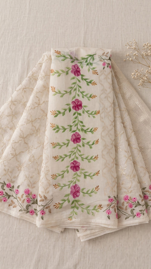 House of Diya Chanderi embroidery white saree pallu detail