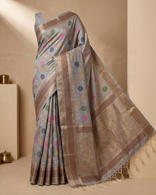House of Diya Chinniya Tussar ash saree hero view