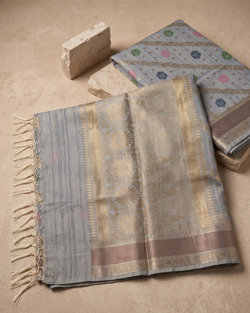 House of Diya Chinniya Tussar ash saree pallu detail
