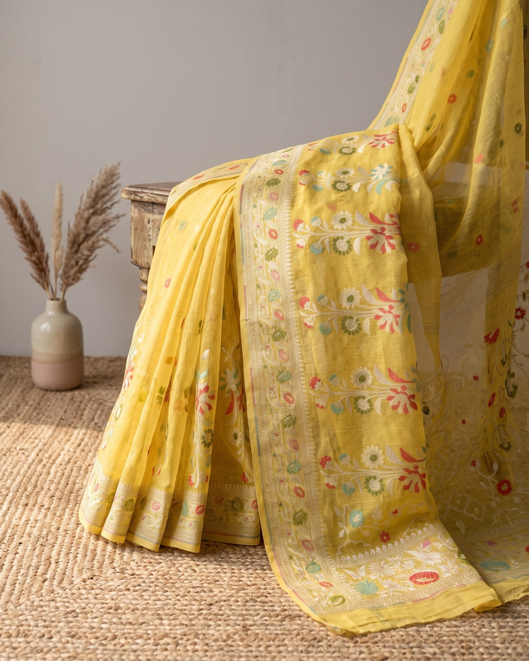 Kora Jamdhani Yellow Saree