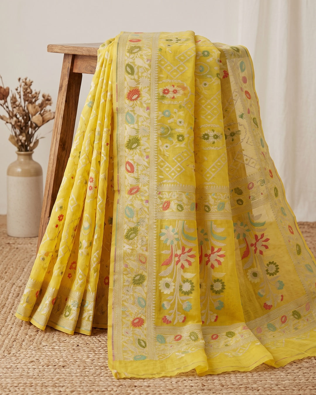 Kora Jamdhani Yellow Saree
