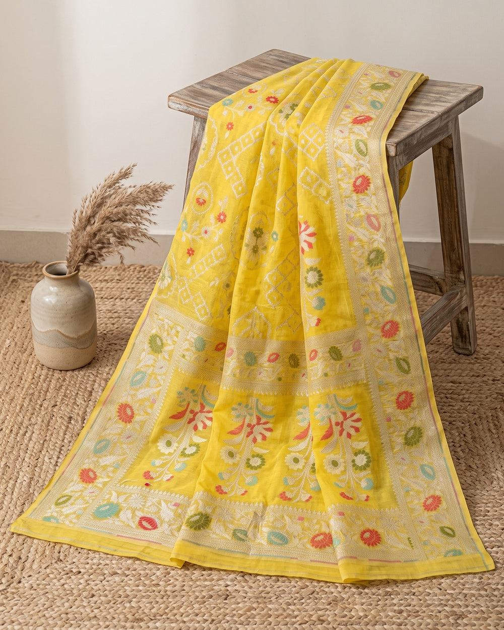 Kora Jamdhani Yellow Saree
