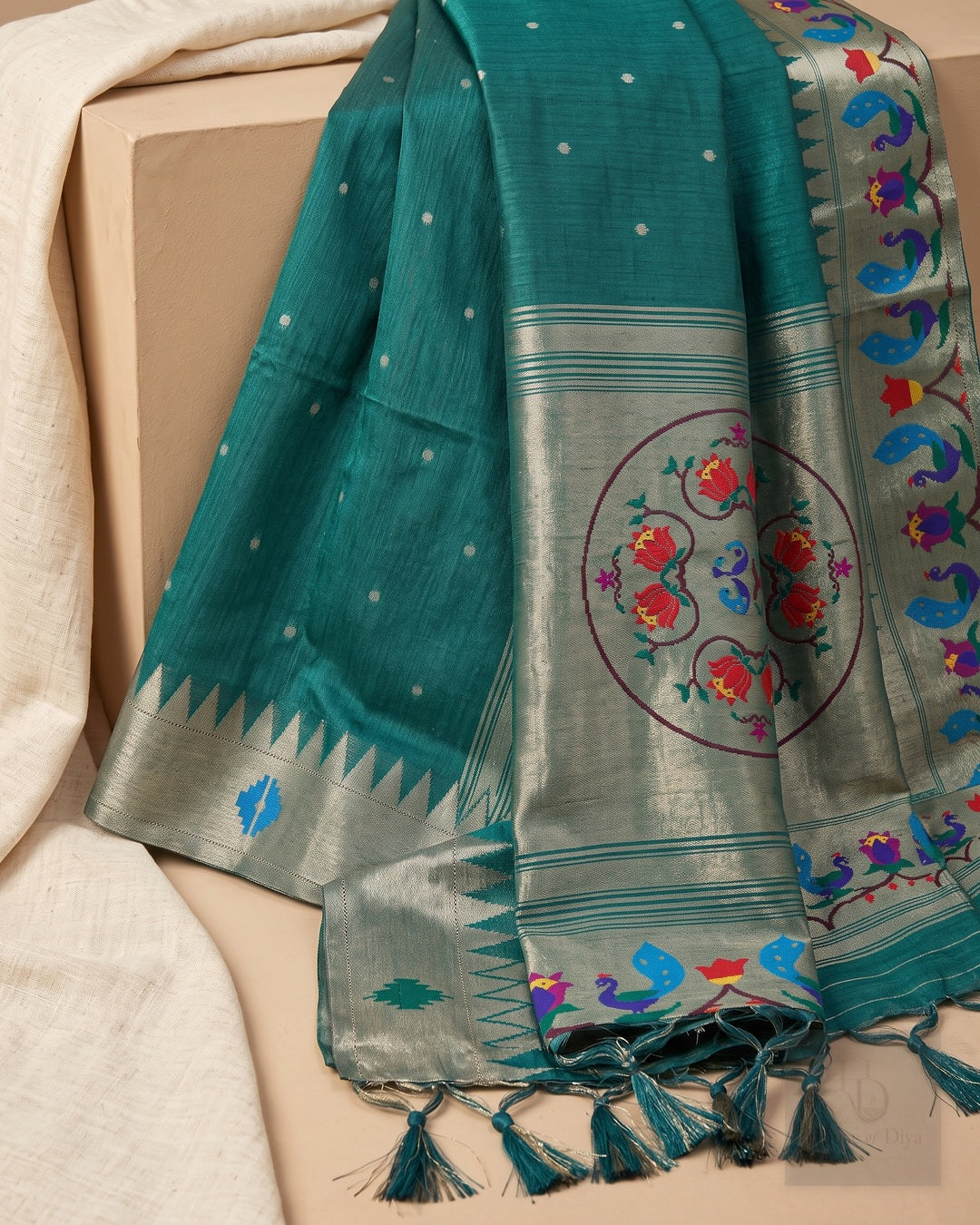 House of Diya Tussar Pithani green saree body detail