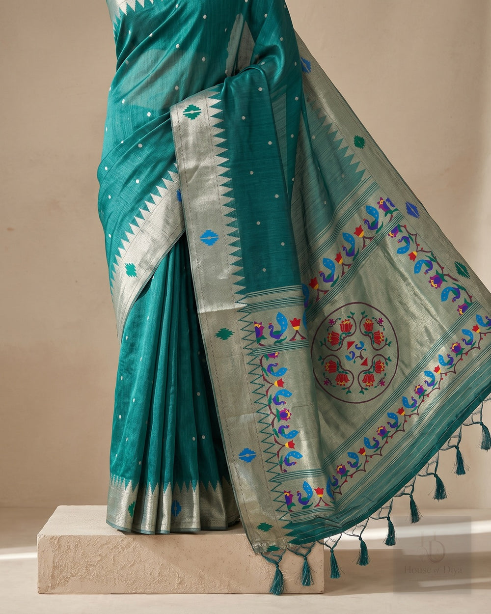 Tussar Pithani Green Saree