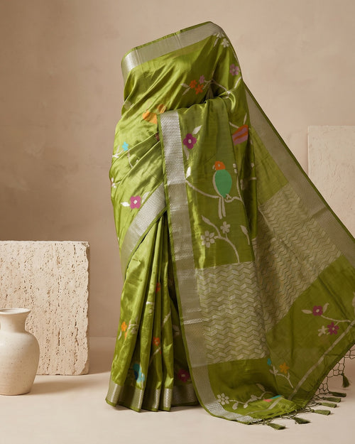 House of Diya Aaranya olive green Paper Silk saree